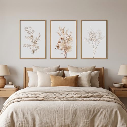Large Boho Beige Floral Framed Canvas Wall Art Set -24"x36"x3 - Image 4