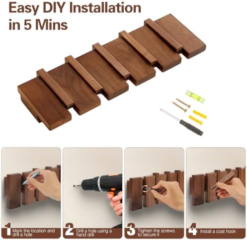 Coat Rack Wall Mount, Walnut 5 Flip-Down Picket Hanger Hooks - Image 7