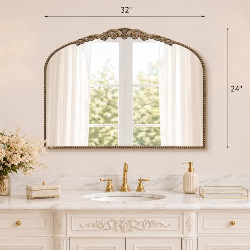 Besdomus Gold Vintage Vanity Mirror: 32"x24" French Baroque Arched Mirror - Image 4
