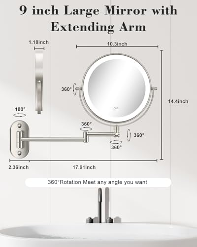 9'' 30X/1X Wall Mounted Height Adjustable Lighted Magnifying Makeup Mirror - Image 6