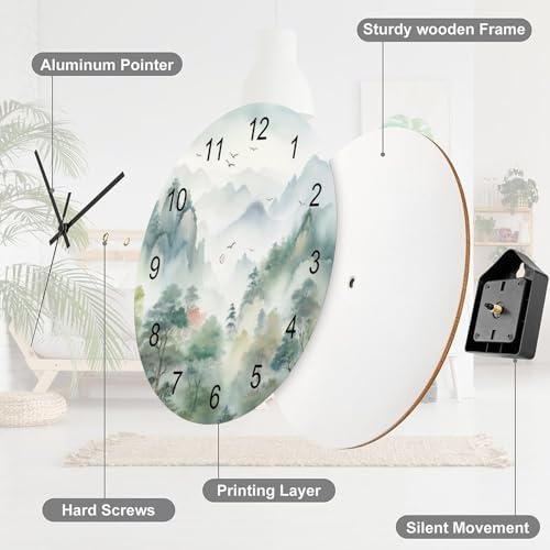 Forest Wall Clock, Watercolor Nature Woodland Green Forest Mountain Plant - Image 7