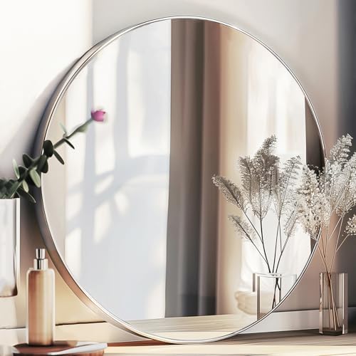 Sunniry 18 inch Round Mirror, Round Wall Mirror, Brushed Silver Metal Frame by Sunniry