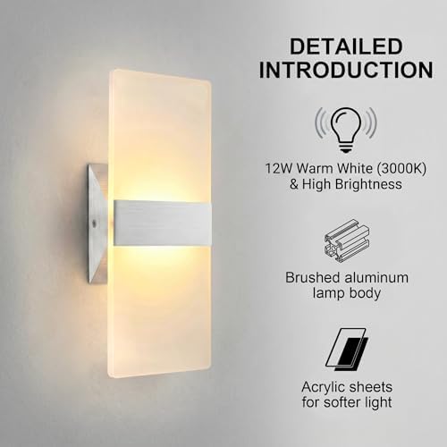 12W Modern LED Wall Sconces 2-Pack, 3000K Warm Light - Image 3
