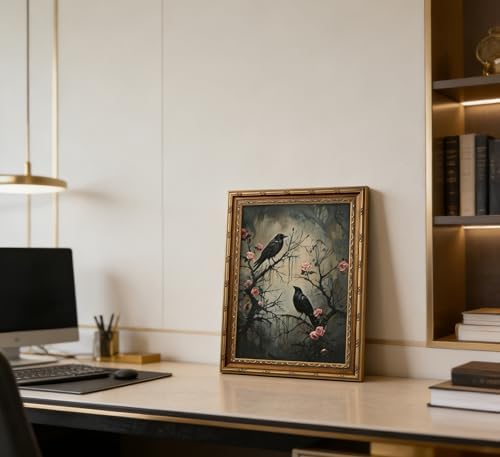 Vintage Gold Framed Raven Canvas Wall Art Dark Academia Gothic Painting Picture - Image 5