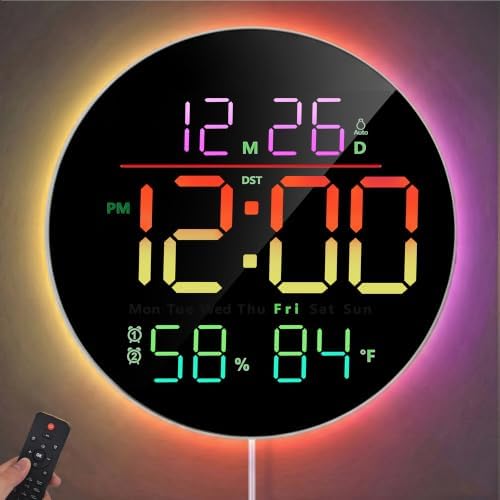 10" Round Digital Wall Clock for Bedroom, 13-Color RGB Model Large LED Display by Tempospark
