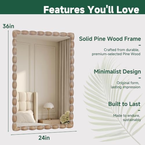 36"x24" Rectangular Solid Wood Farmhouse Decorative Wall Mirror - Image 2