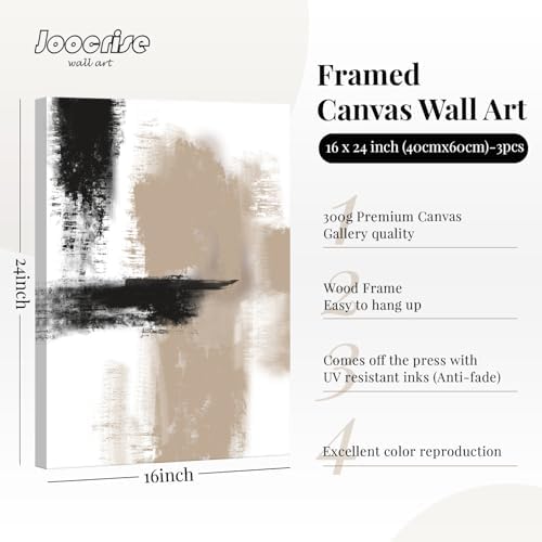 Beige Abstract Wall Art Painting Set of 3 Framed Neutral Canvas Wall Art Prints - Image 2