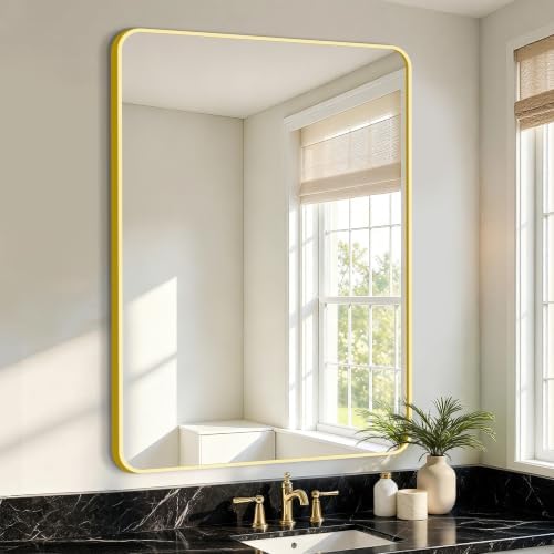 Vanity Bathroom Mirror, 40”x28” Gold Bathroom Mirror by LawadaMirror