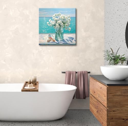 Ocean Flower Bathroom Decor Daisy Floral Canvas Wall Art Coastal Nautical - Image 3