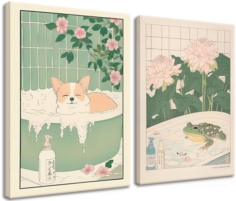 Framed Japanese Bathroom Wall Art Set of 2, Funny Japanese Bathroom Frog Dog by Unknown
