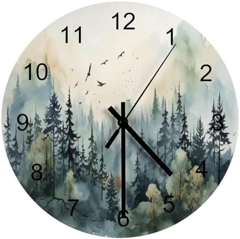Forest Wall Clock 12 Inch Silent Non Ticking Clock Wooden, Watercolor Style by LOMADIA