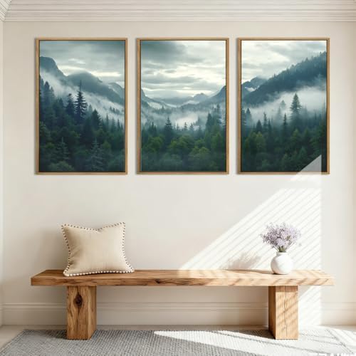 IARTTOP Large Misty Mountain Framed Wall Art 16x24 inch Green Foggy Forest - Image 3