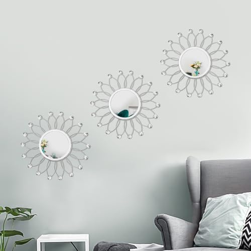 3 Pack Metal Mirrors for Wall Sunburst Wall Mirror Silver Crystal Wall Art - Image 6