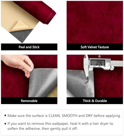 LACHEERY 15.8"x275" Crushed Red Velvet Wallpaper Self Adhesive Velvet Peel and - Image 7