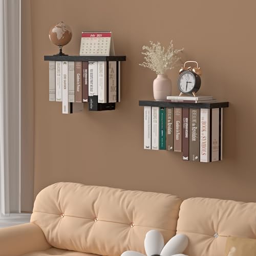 Floating Book Shelves for Wall Set of 2, Unique Wood Hanging Bookshelf - Image 6