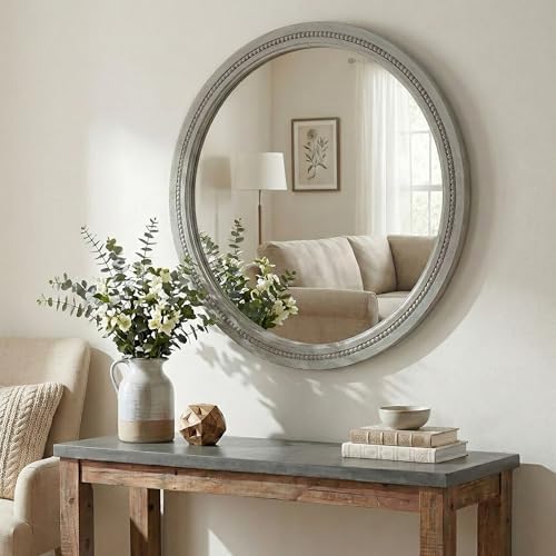 Solid Wood 30 Inch Round Beaded Vanity Wall Mirror, Weathered Gray - Image 5