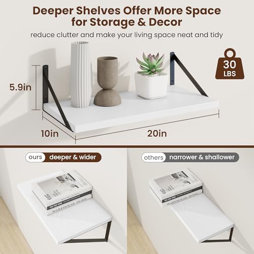 Axeman 20 Inch Floating Shelves, 10 Inch Deep White Wall Shelves Set of 2 - Image 3