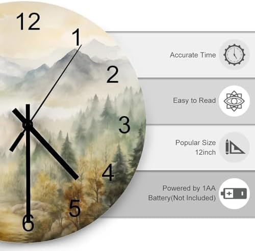 Forest Wall Clock, Watercolor Mountain Forest Nature Tree Woodland Round Clocks - Image 3