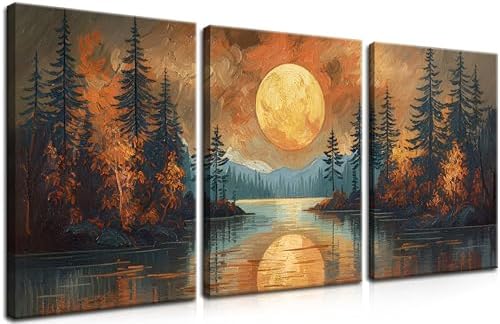 Framed Gold Mountain Forest Sunset Landscape Wall Art Set of 3, Abstract Boho by Unknown
