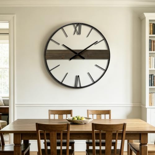 30 Inch Large Modern Wall Clock Oversized Rustic Wood Metal Frame Silent - Image 2