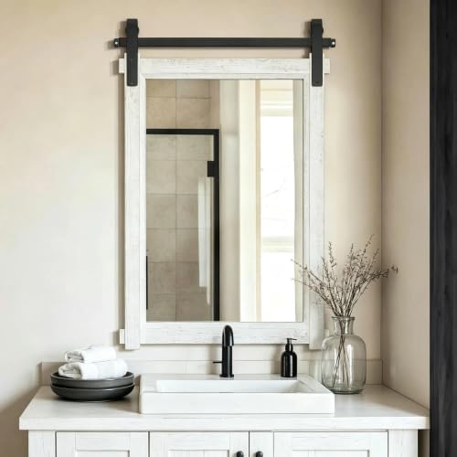 Besdomus Farmhouse Bathroom Vanity Mirror: 24"x36" White Rustic Barn Door by Besdomus