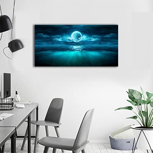 Full Moon Ocean Waves Wall Art Moon Night Canvas Pictures Dark Teal Blue - Image 5