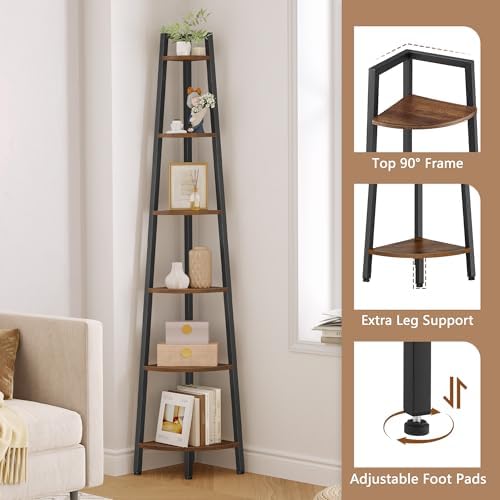 Hoctieon Corner Shelf, 6-Tier Corner Bookshelf, Rustic Ladder Shelf, Industrial - Image 3