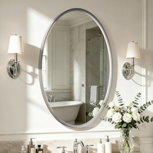 USHOWER Brushed Nickel Oval Bathroom Mirror, 20x28 Inch Oval Mirror by USHOWER