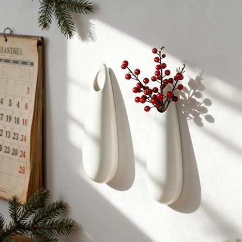 White Ceramic Wall Vases, 12 Inch, Teardrop Design - Image 4