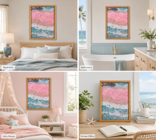 Framed Pink Coastal Canvas Wall Art, Girl Beach Surfers Picture Wall Decor - Image 6