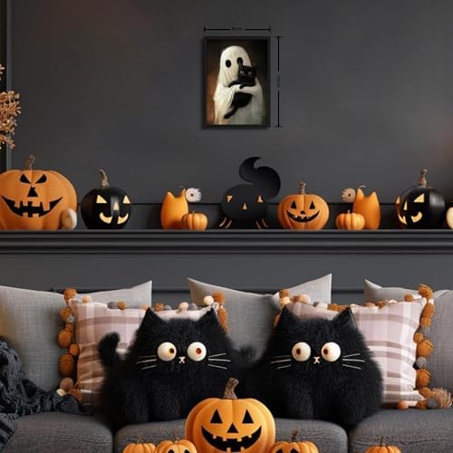 Framed Vintage Halloween Ghost Wall Art, Cute Ghost Hugging Black Cat Canvas - Image 3