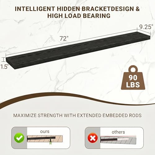 Acovy 72 Inch Floating Shelves, 3D Textured Wood Grain, Wooden Shelves - Image 3