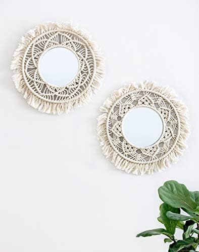 Mkono Hanging Wall Mirror with Macrame Fringe 2 Set Small Round Decoration Boho - Image 4