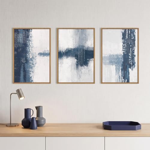 Abstract Navy Blue Grey Framed Canvas Wall Art Set-24"x36"x3 - Image 3
