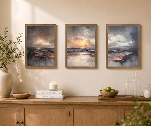 Framed Moody Coastal Sunset Ocean Landscape Canvas Wall Art Set of 3 - Image 5
