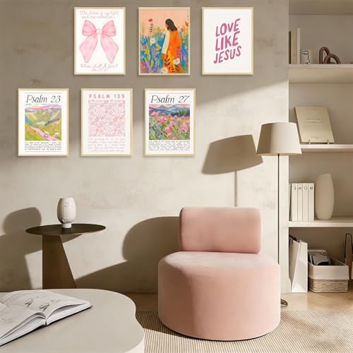 Pink Christian Posters Wall Art Set of 6 Pink Bible Verse Paintings Pictures - Image 3