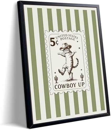 Framed Cowboy Cat Wall Art Painting, Vintage Western Cat Stamp Canvas Print by Unknown