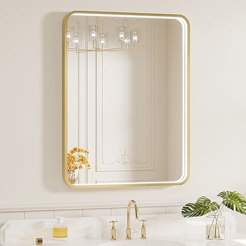 LED Bathroom Mirror with Lights, 24x32 Inch Gold Metal Framed LED Mirror by Twalsu