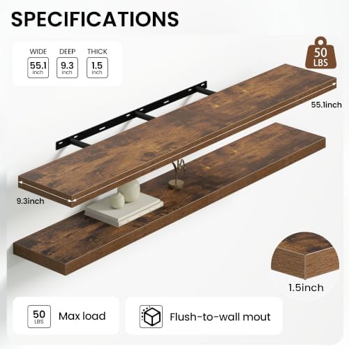 Heimlove Floating Shelves 55.1" W x 9.3" D Rustic Brown Set of 2 - Image 4