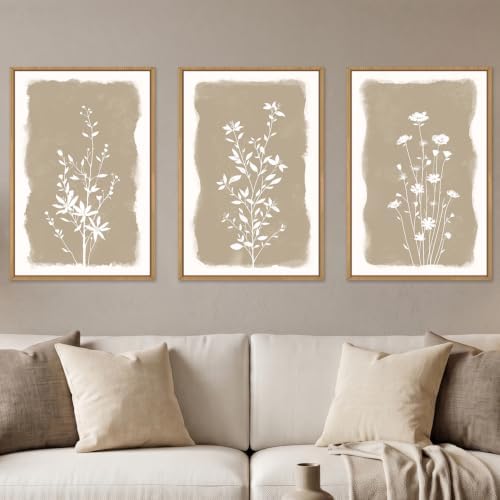 Aryroi Beige Florals Wall Art, Framed Neutral Minimalist Boho Flower Decor - Image 2