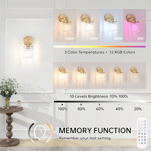 Shenmoyl Set of 2 Crystal Battery Operated Wall Sconce, Rechargeable Battery - Image 2