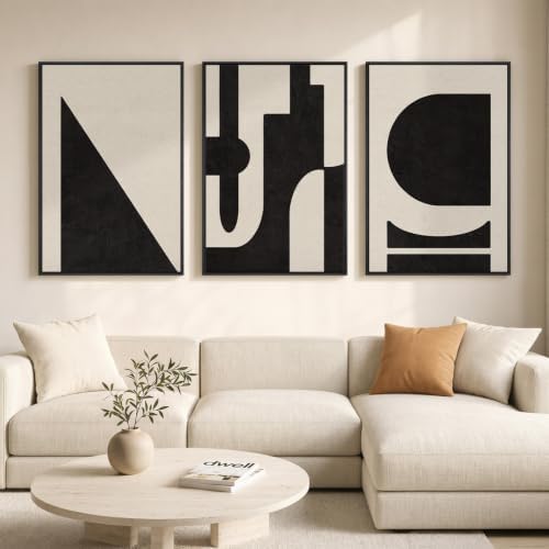 Large Framed Neutral Abstract Geometric Wall Art Set, 3 Piece 24x36 Inch by Cuspin