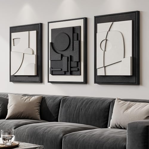 Large Framed Black and White Modern 3D Abstract Wall Art Set - Image 2