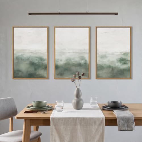Large Abstract Grey Green Framed Canvas Wall Art, Watercolor Neutral White Wall - Image 3