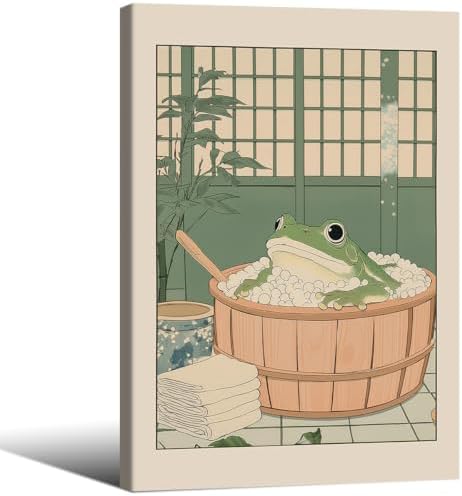 Japanese Frog in a Bathtub Wall Art Sage Green Relaxing Bathroom Posters 16X24 by Unknown