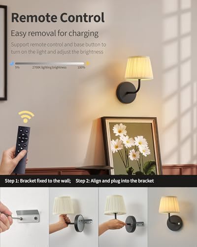 PUSU Cordless Black H9.6 inch Small Wall Sconces Set of 2, LED Wall Lamp - Image 4