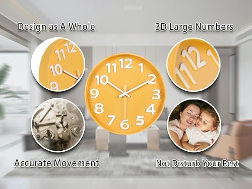45MinST 12-Inch Modern Yellow Indoor/Outdoor Wall Clock, Silent Non-Ticking - Image 6