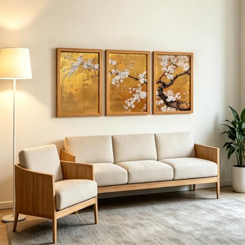 3 Pcs Japanese Golden Plum Blossom Flower Wall Art 12x16 Inches Wood Framed - Image 2