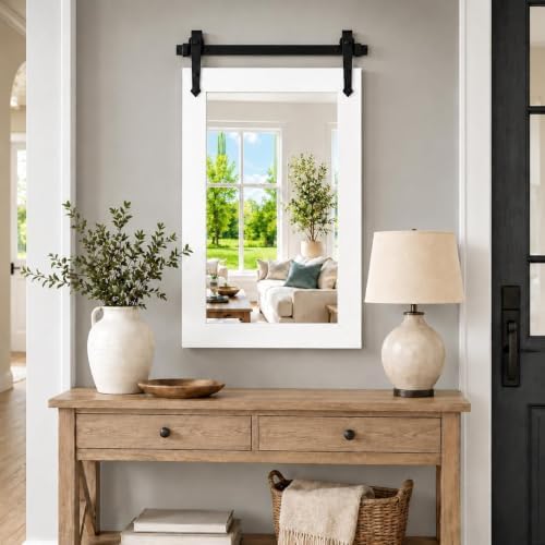Bathroom Mirror for Over Sink 26”x40” Farmhouse Barn Door Mirror Rustic Wood by Menscha