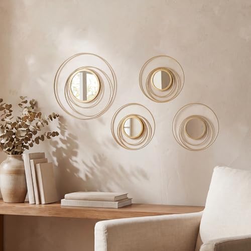 4 Piece Gold Round Wall Mirror Set Modern Metal Circles by sxnzequnze